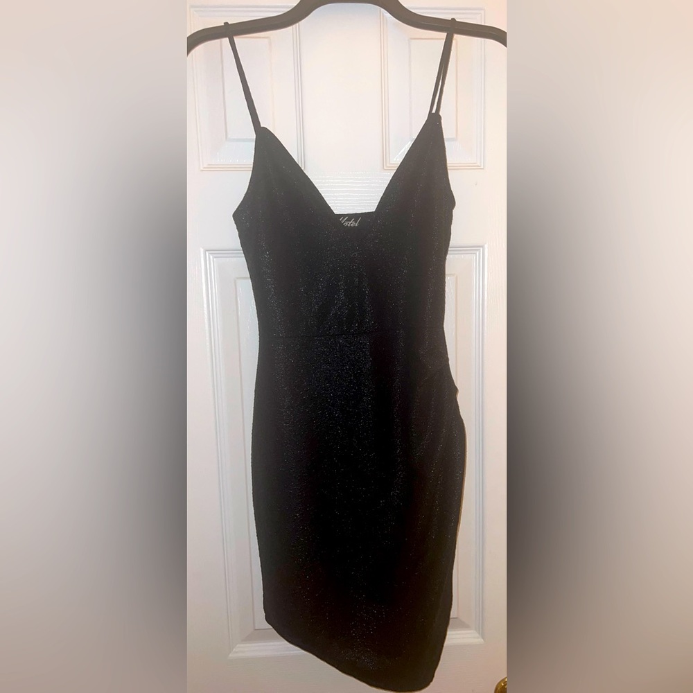 MOTEL ASYMMETRICAL BLACK SHIMMER MINI DRESS SIZE XS